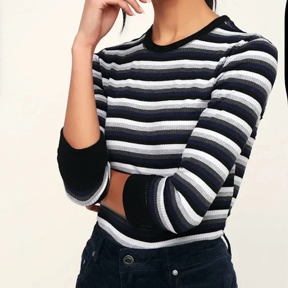 FREE PEOPLE Good on You Grey Multi Striped Three Quarter Sleeve Tee - Picture 14 of 14